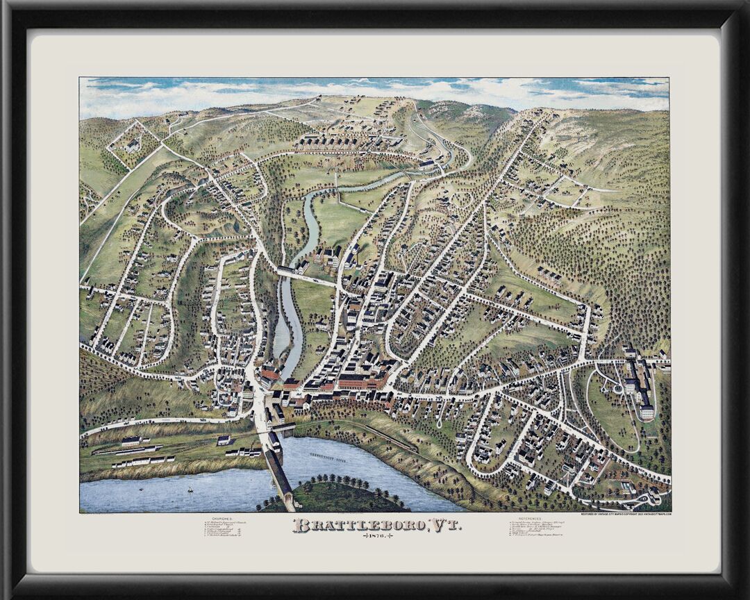 Brattleboro VT 1876 Bailey, H. H Bailey TM Birds Eye View Map