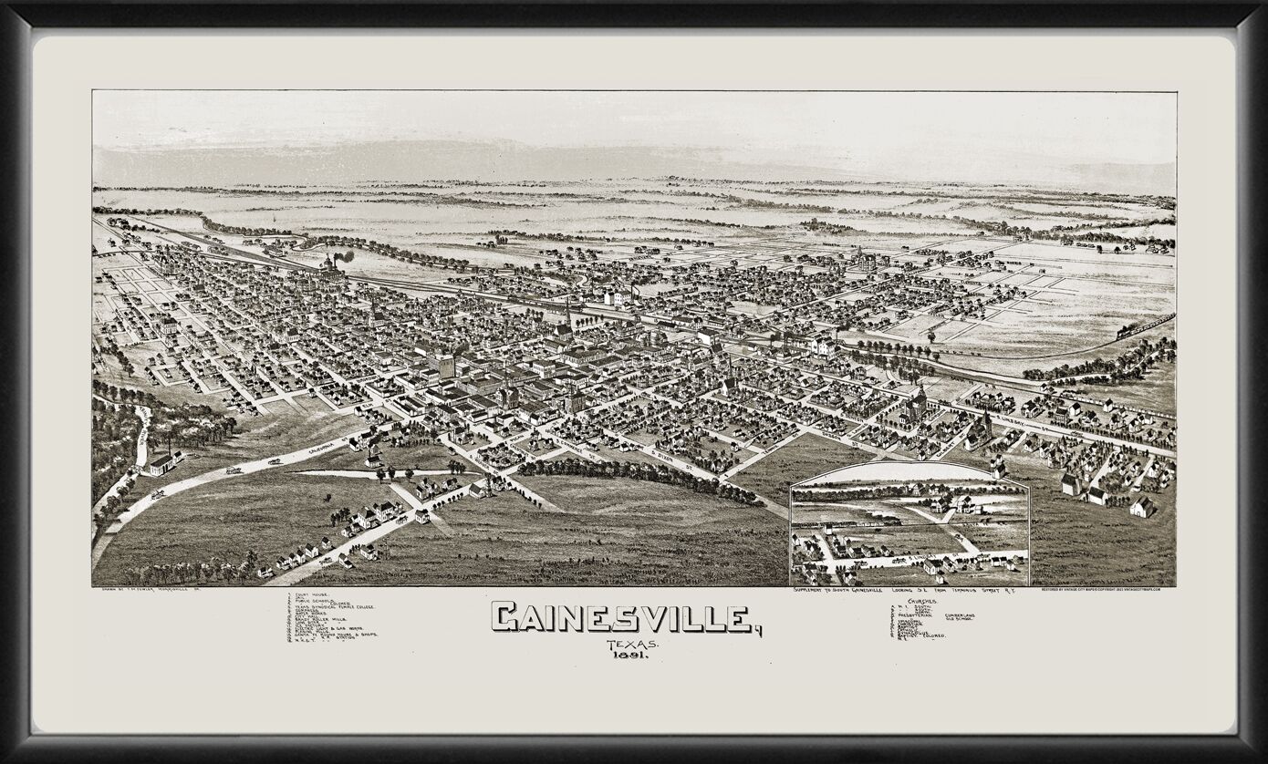 Gainesville TX 1891 Fowler TM Birds Eye View Map