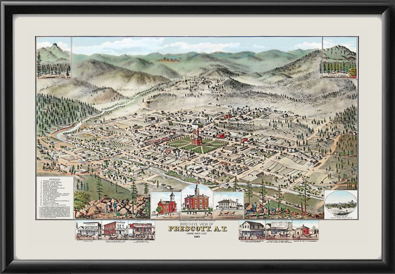 Prescott AZ 1883 Birds Eye View Map