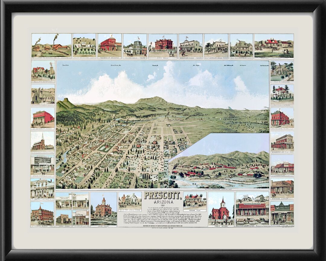Prescott AZ 1891 Jules BaumanTM Birds Eye View Map