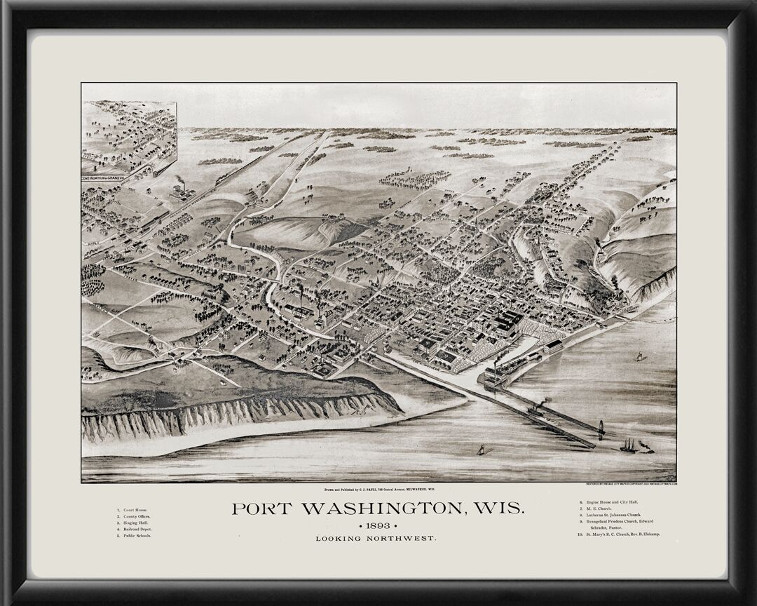 Port Washington WI 1893 C.J. Pauli TM Bird's Eye View Map