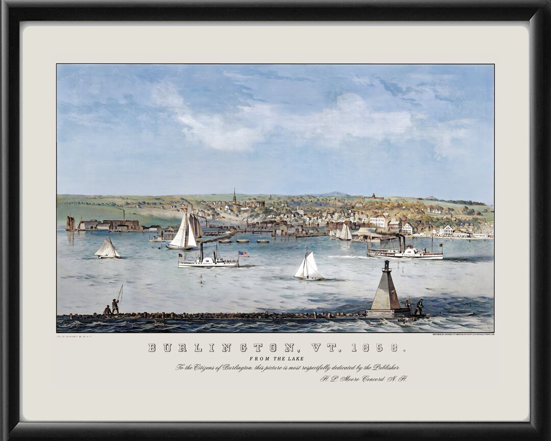 Burlington VT 1858 Birds Eye View Map