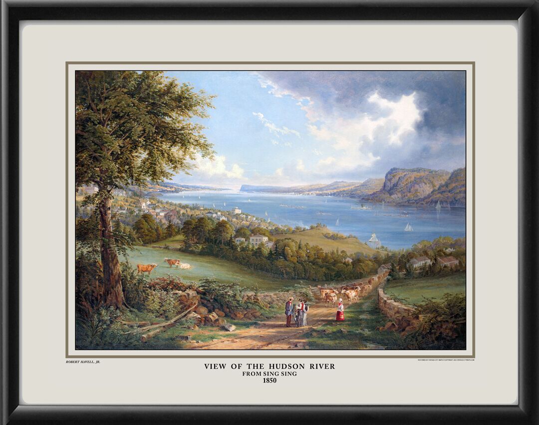 Sing Sing NY 1850 - View of the Hudson River Birdseye View Map