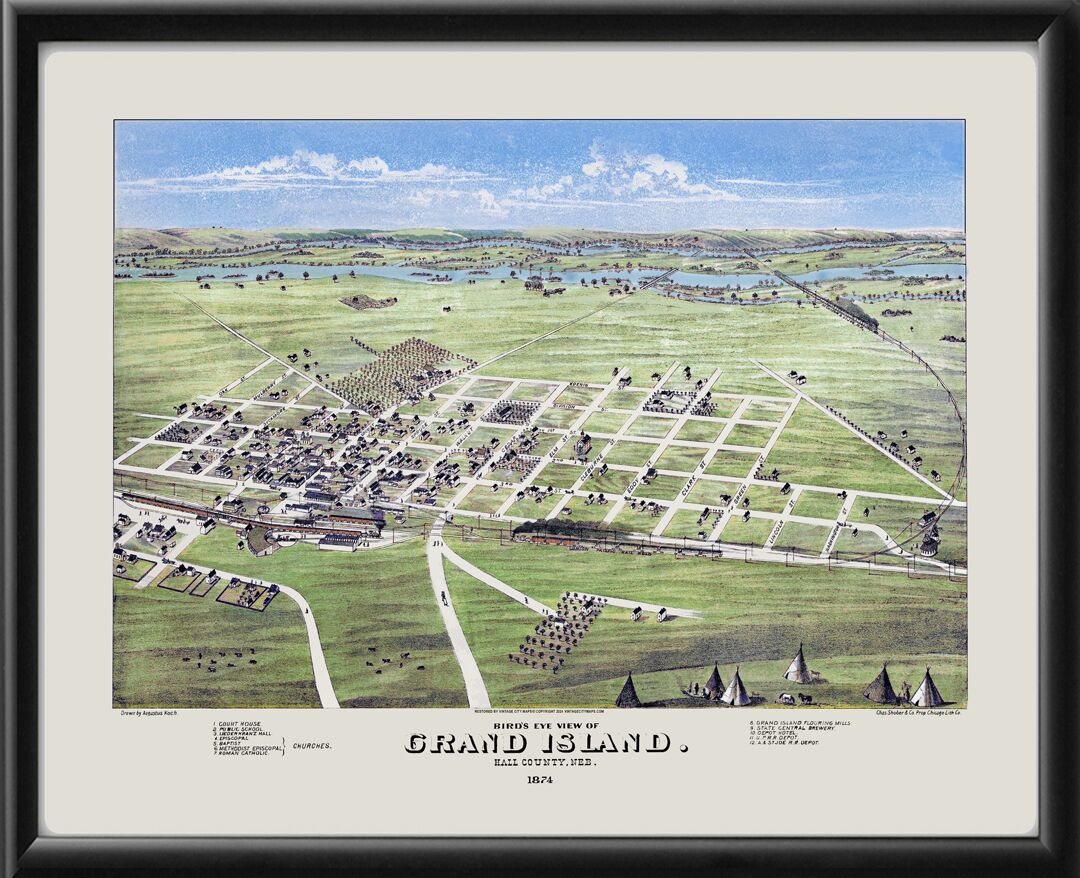 Grand Island NE 1874 Augustus Koch ColorTM Birds Eye View Map