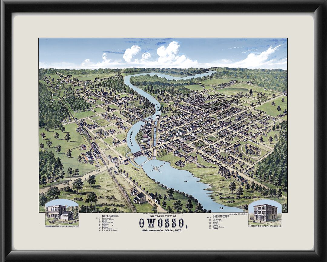 Owosso, Michigan 1873 Restored Birds Eye View Map