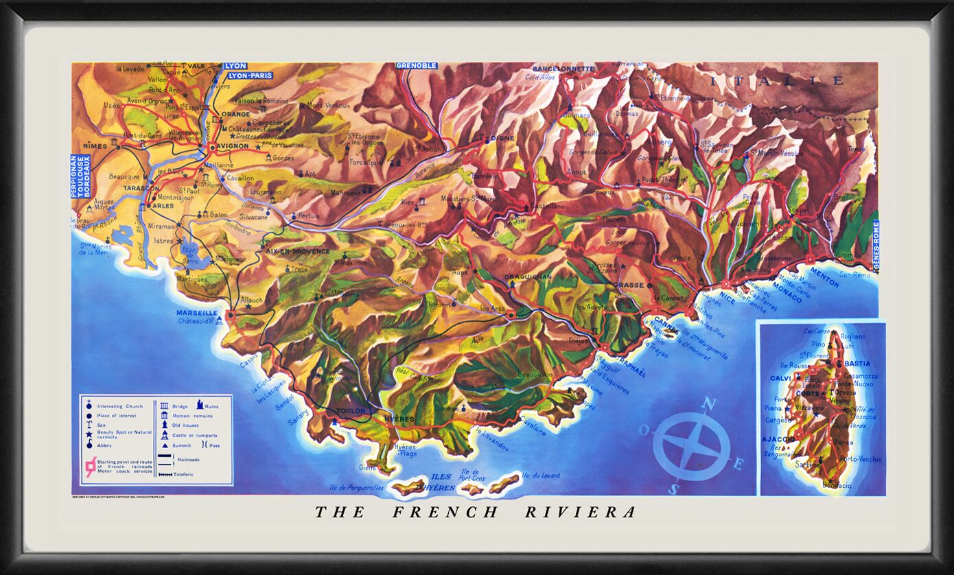 La Cote d'Azur - French Riviera 1951 Map