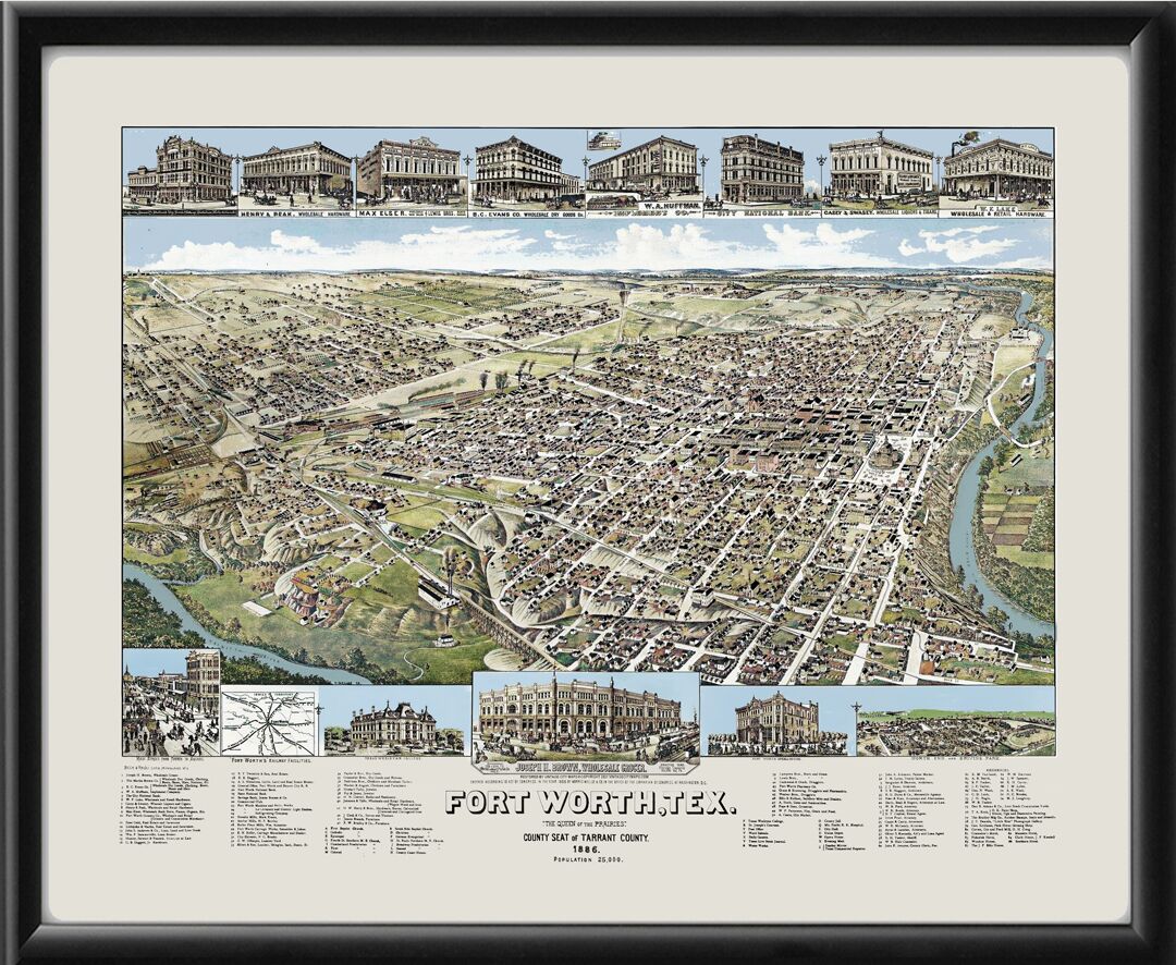 Fort Worth TX 1886 Birds Eye View Map