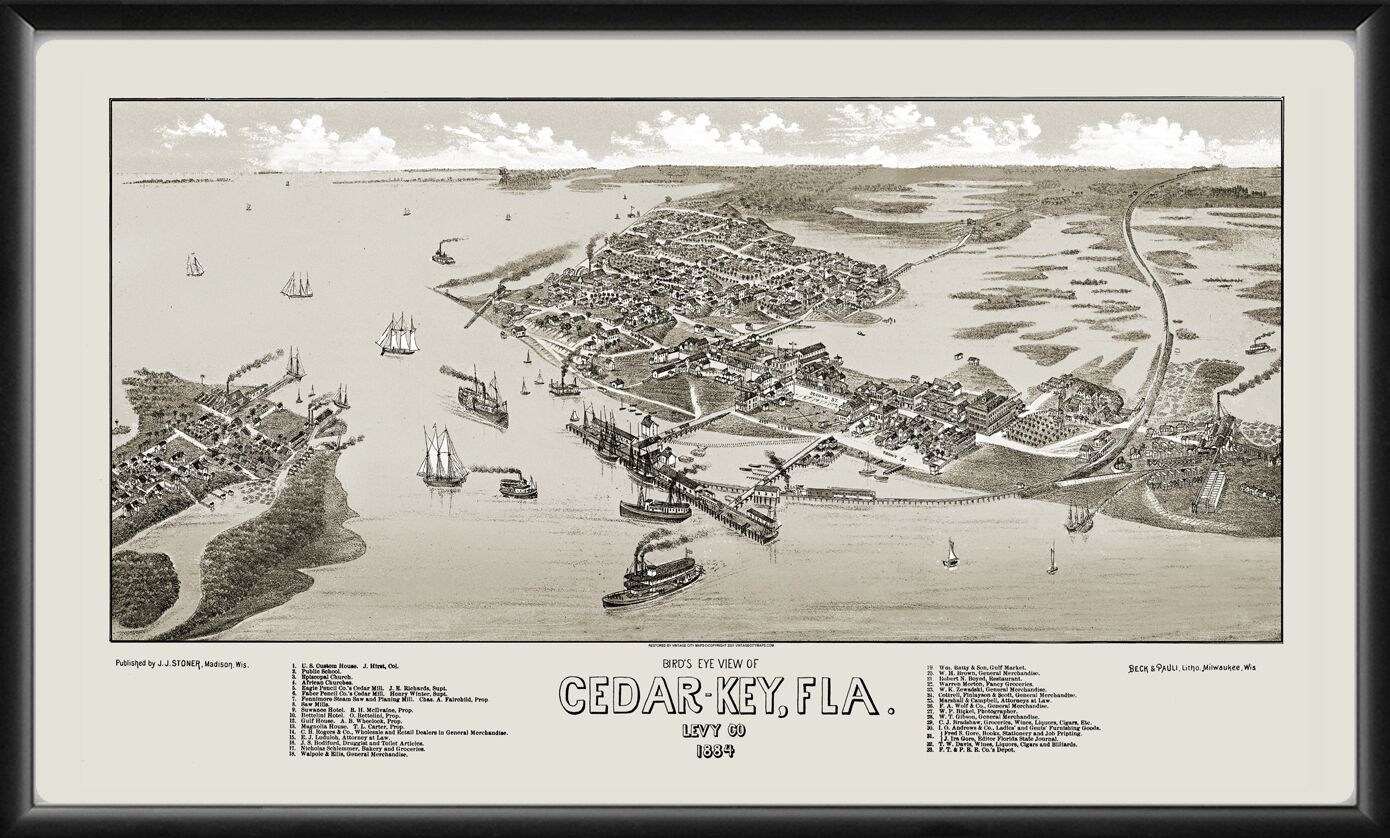 Cedar Key FL 1884 Birds Eye View Map