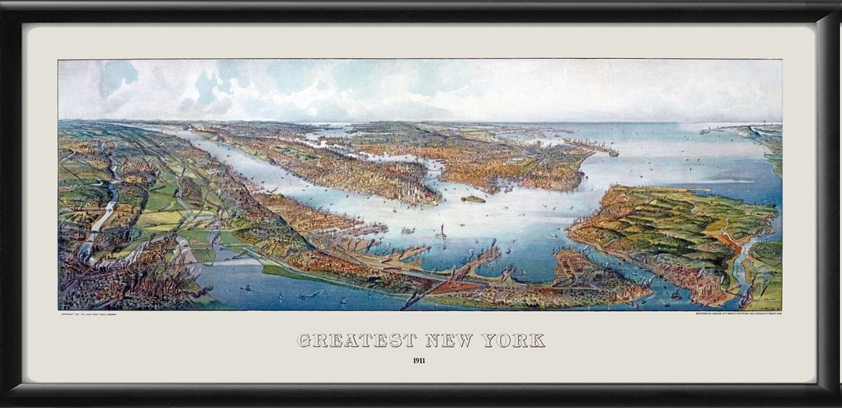 【額入り】MIDTOWN MANHATTAN 鳥瞰図 New York City NY 1911 - Restored Panoramic Bird's Eye View Map