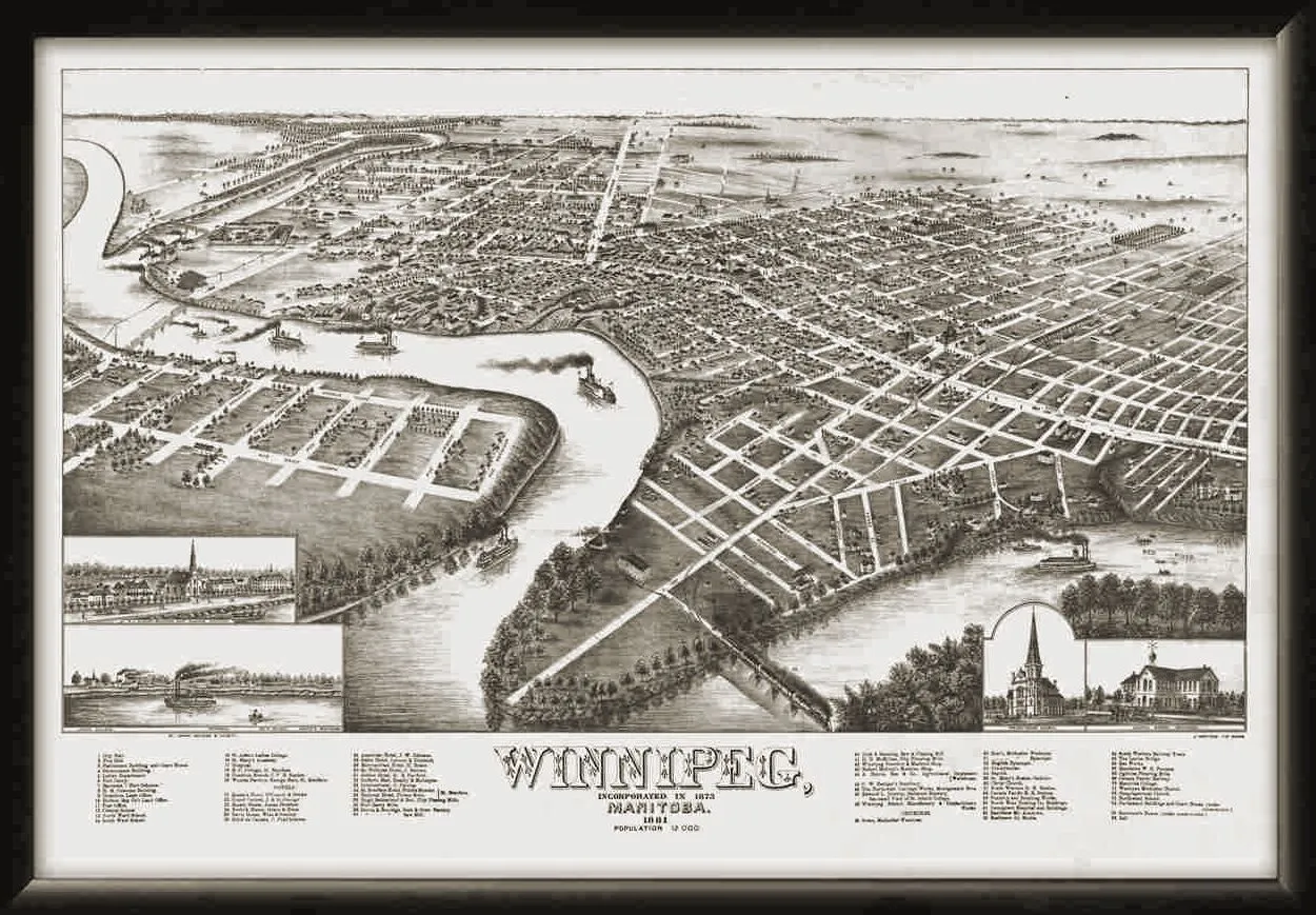 Winnipeg Manitoba Canada 1881 Birds Eye View Map