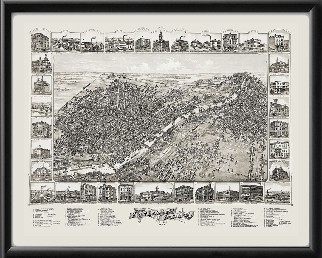 Saginaw & East Saginaw MI 1885 Bird's Eye View Map