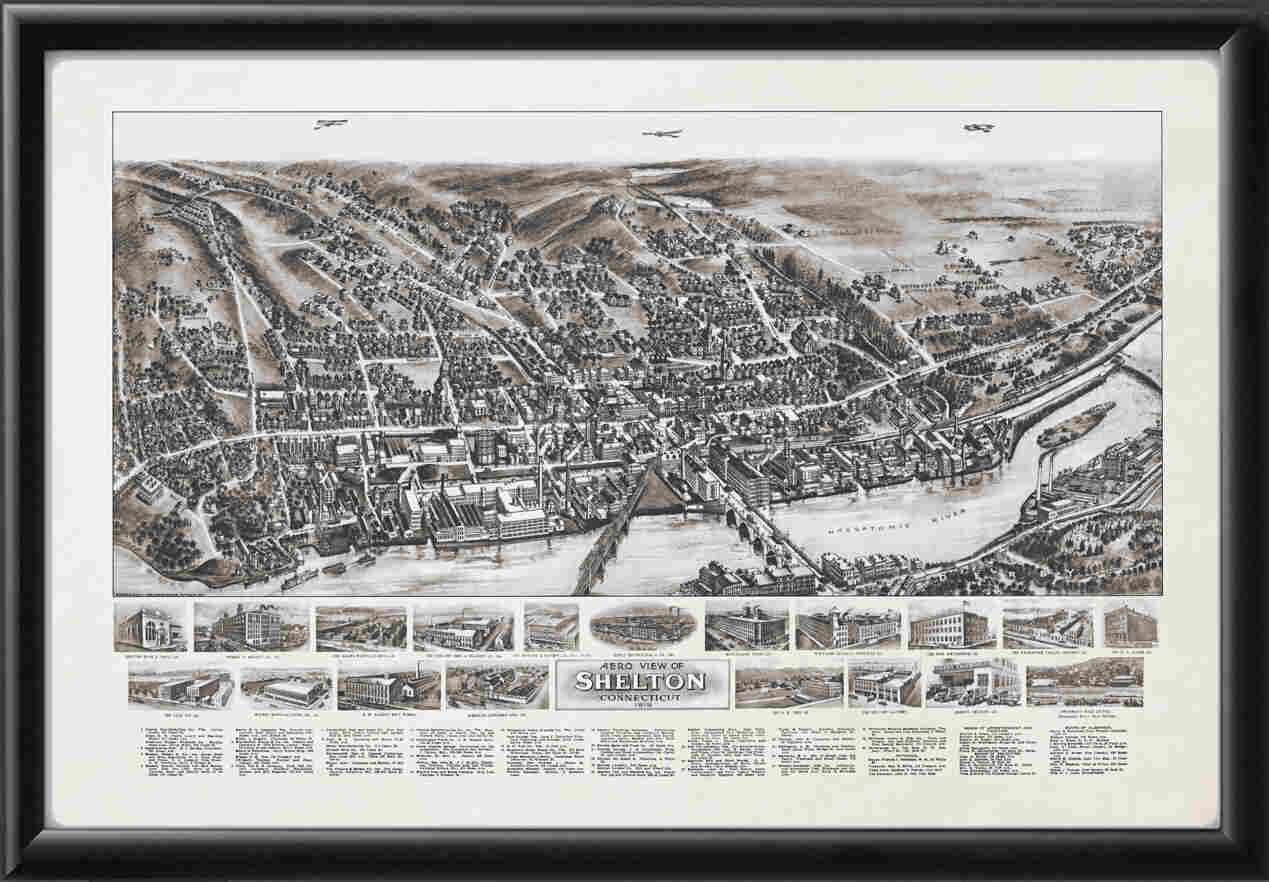 Shelton, CT 1919 Restored Bird's Eye View Map | Vintage City Map