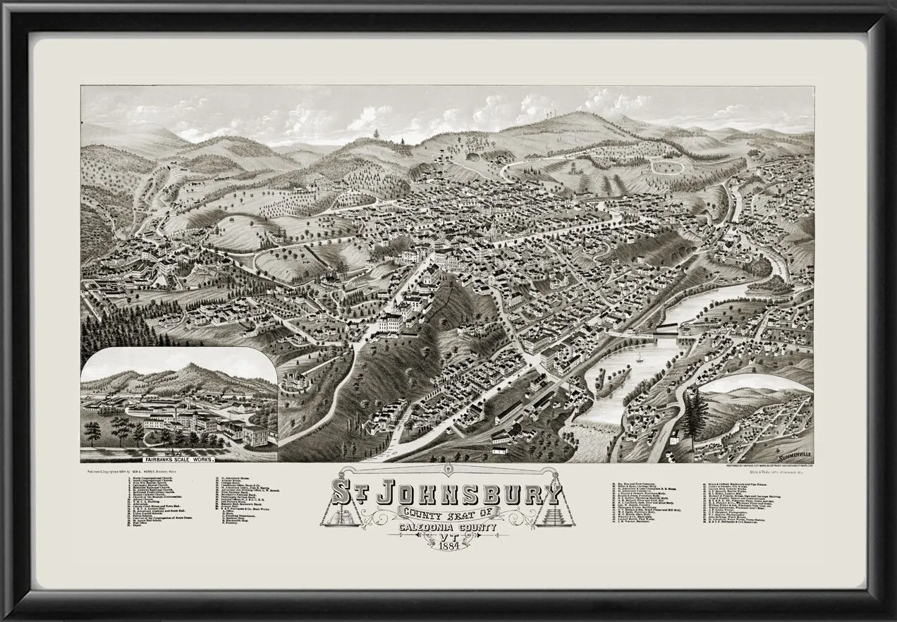 St. Johnsbury VT 1884 George Norris TM Birds Eye View Map