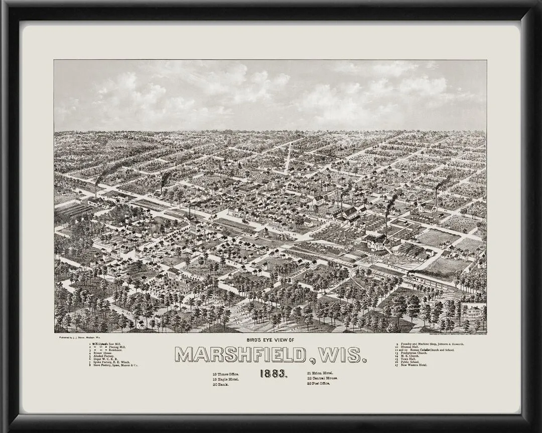 Marshfield WI 1883 JJStoner TM Bird's Eye View Map