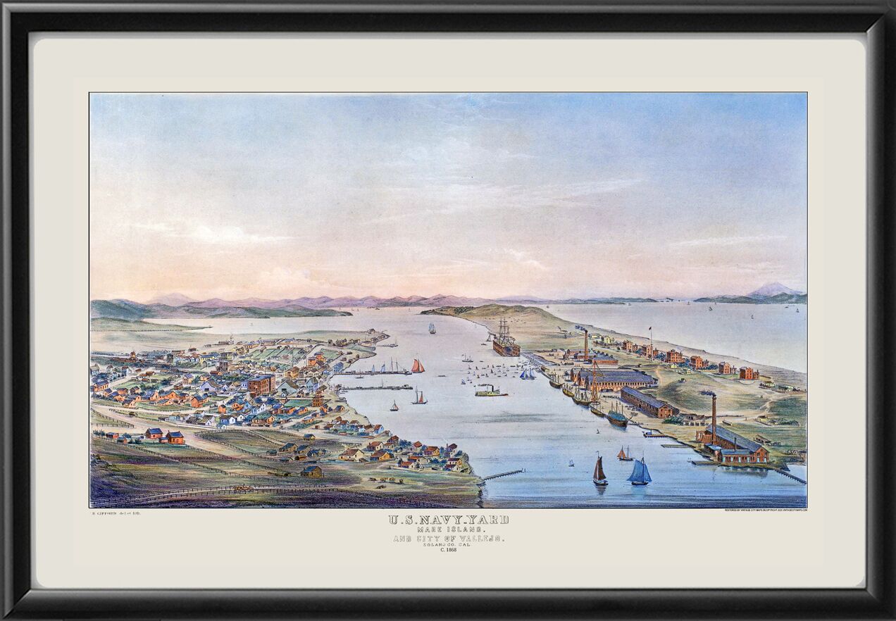 U.S. Navy Yard, Mare Island Color c1868 Vallejo CA.TM Bird's Eye View Map
