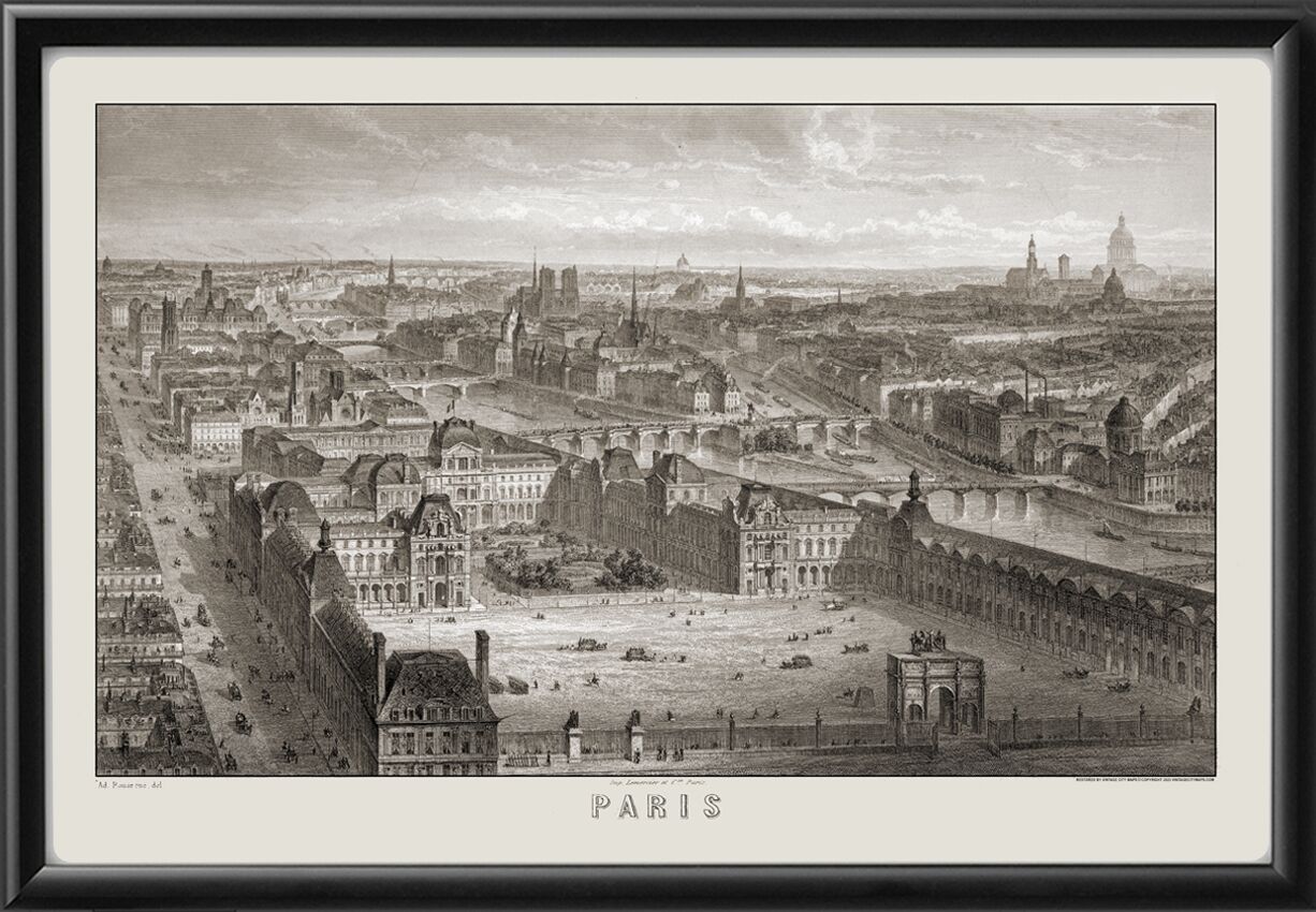 パリの街角 Paris France 1860 - Restored Bird's Eye View | Vintage City Maps