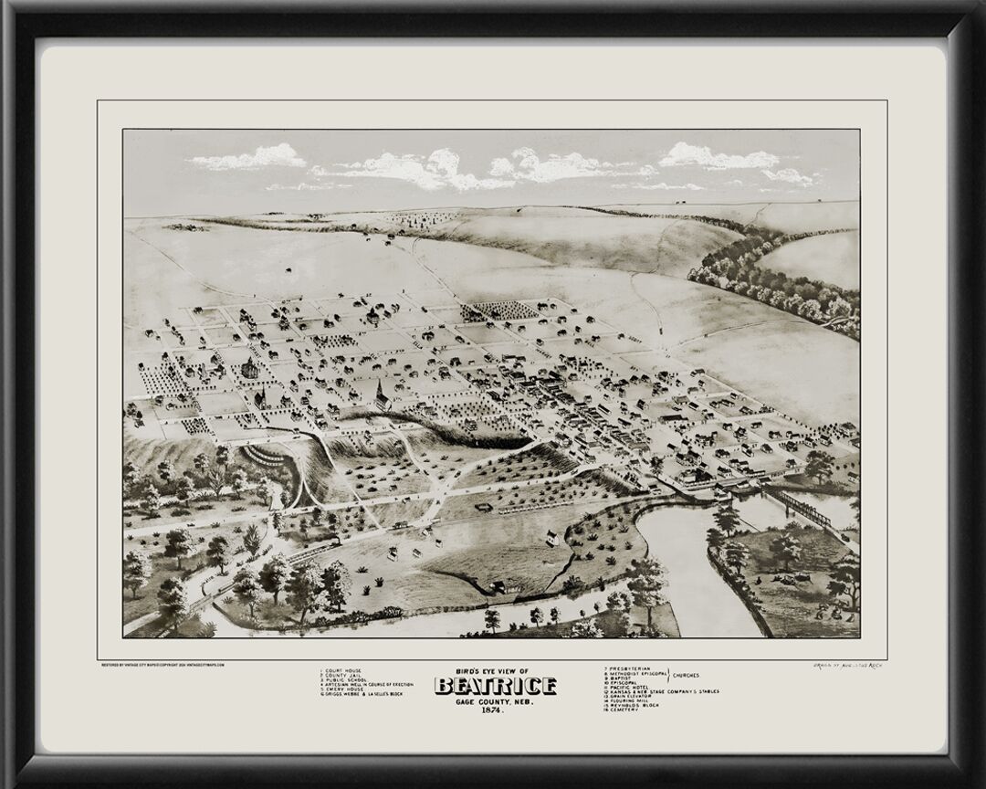 Beatrice NE 1874 Birds Eye View Map