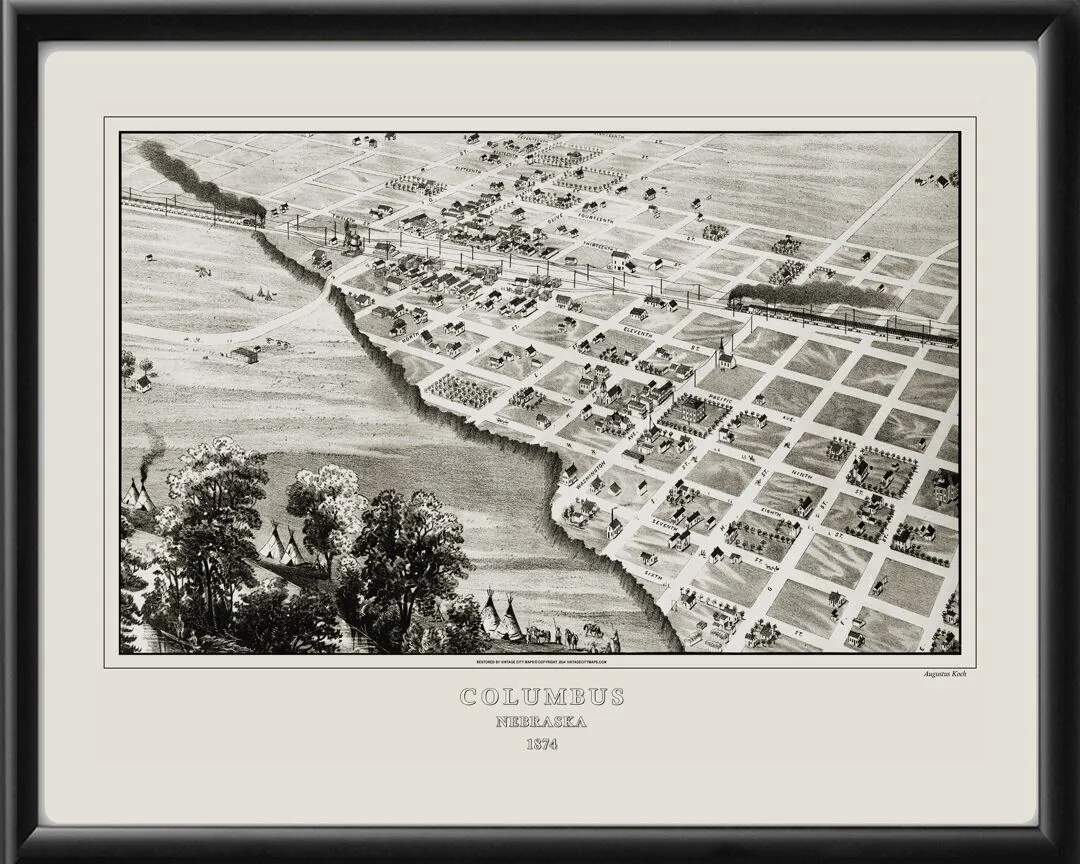 Columbus NE 1874 Augustus Koch TM Birds Eye View Map