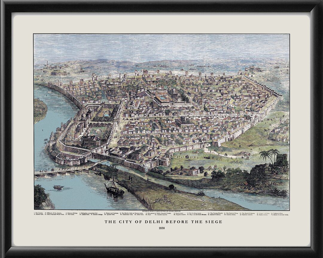 Delhi India 1858 Birds Eye View Map