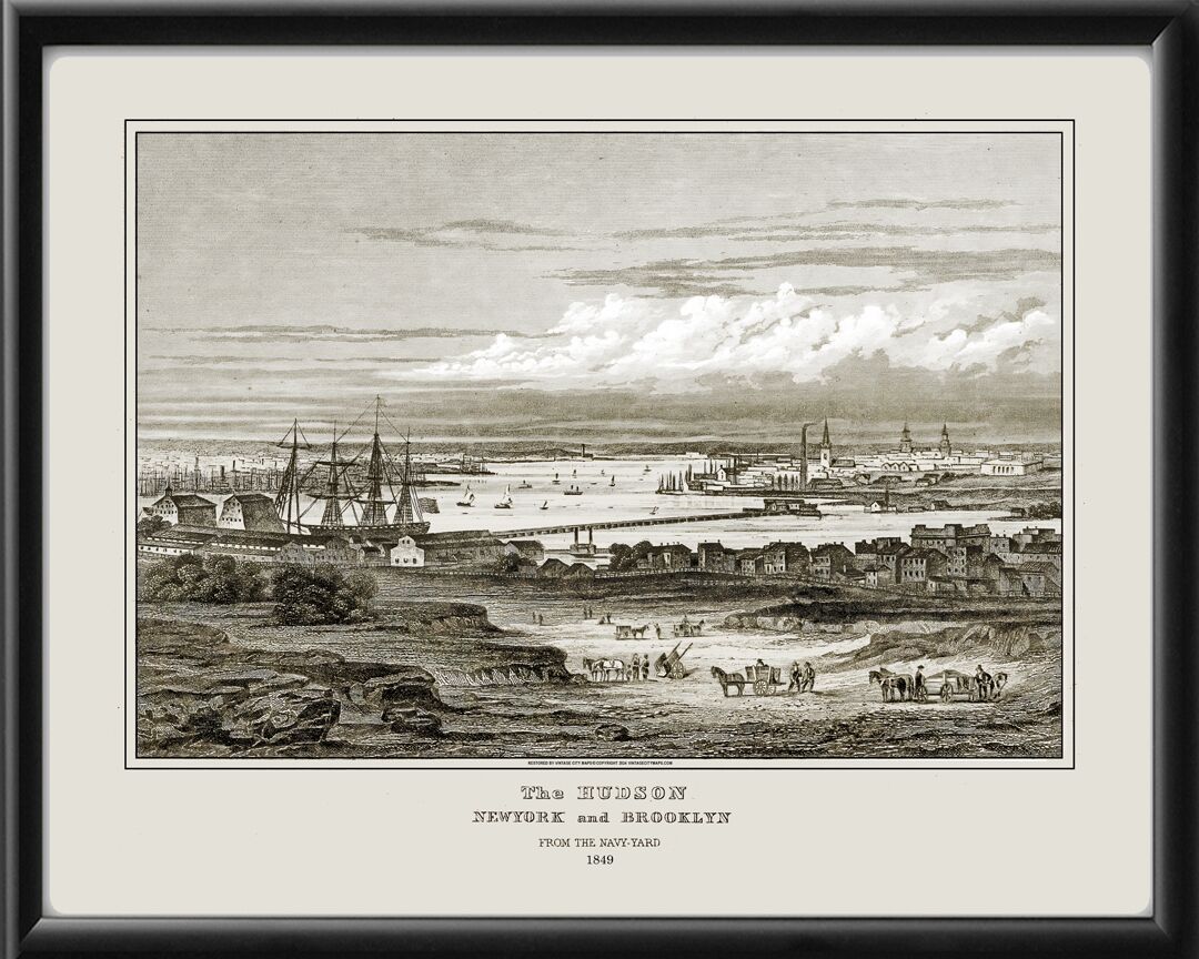 Hudson River - New York and Brooklyn from the Navy Yard 1849 Birds Eye View Map