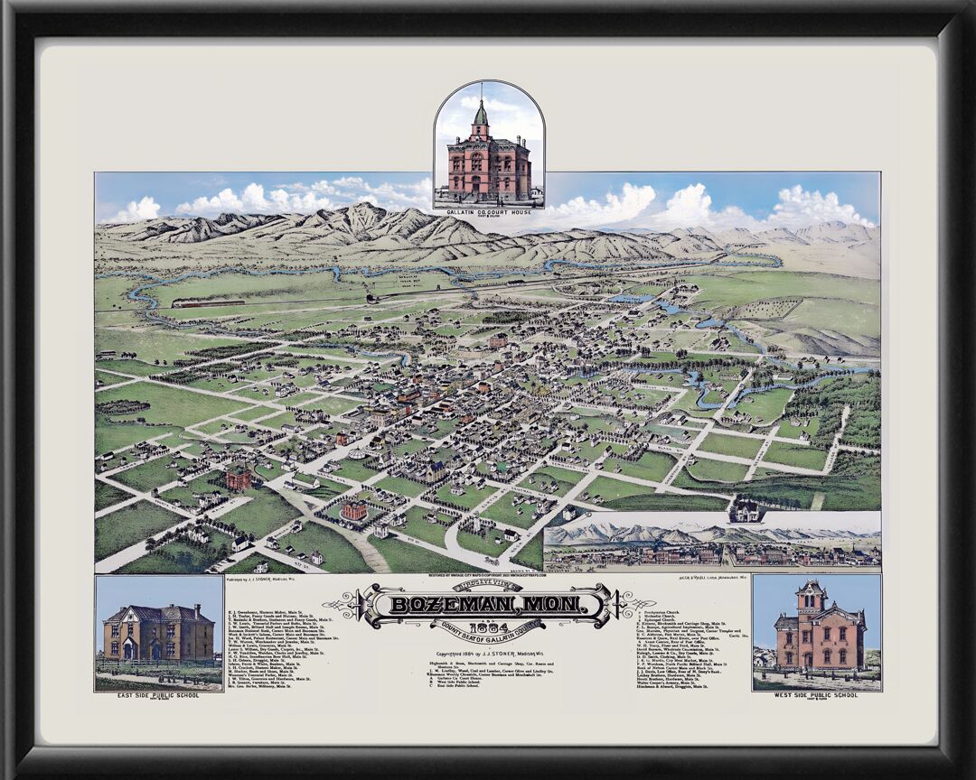 Bozeman MT 1884 Birds Eye View Map