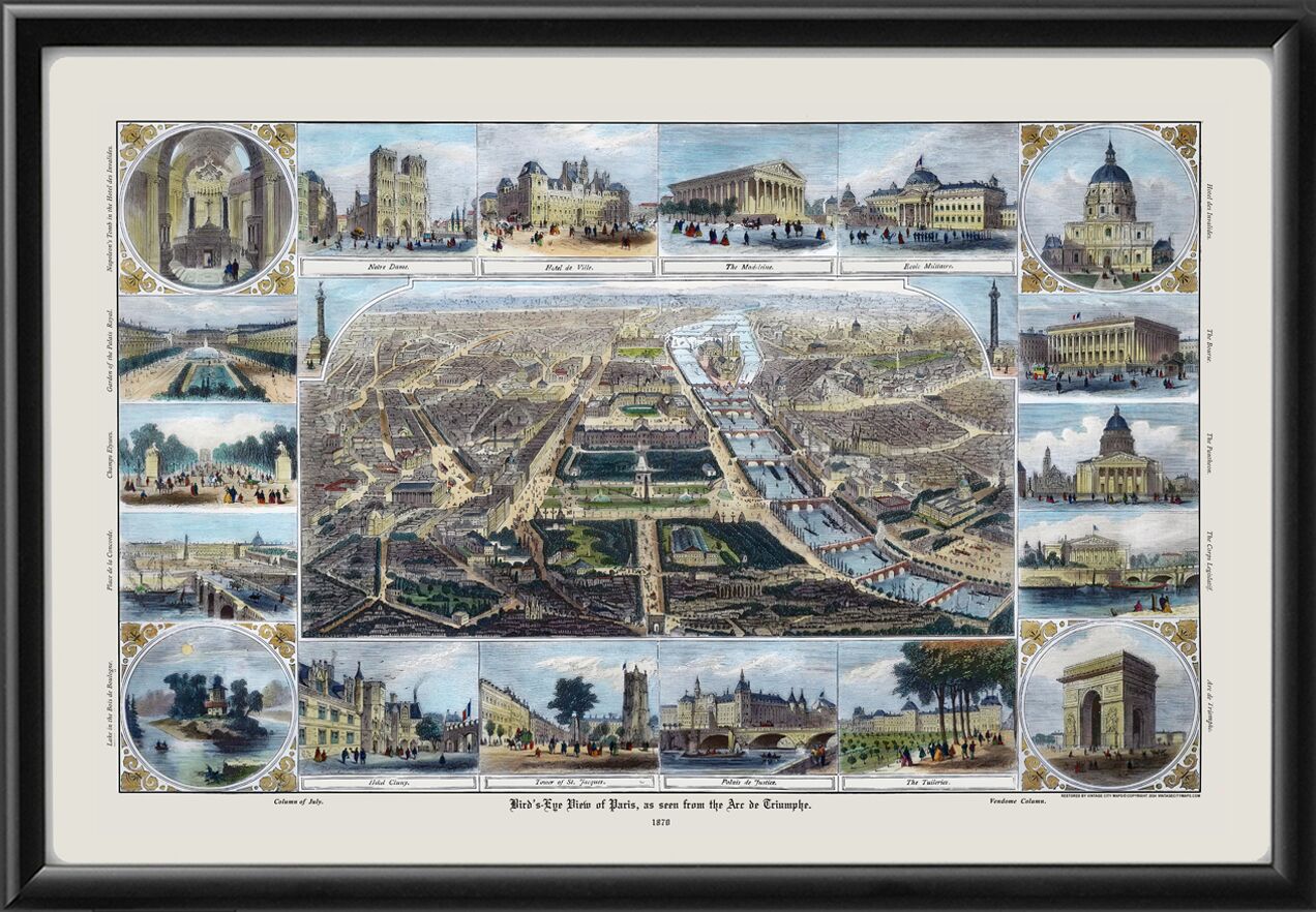Paris France 1870 Bird's Eye view Restored Birds Eye View Map