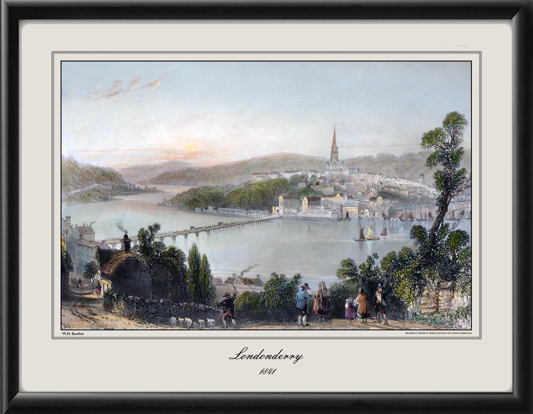 Londonderry Northern Ireland 1841 Restored Birds Eye View Map