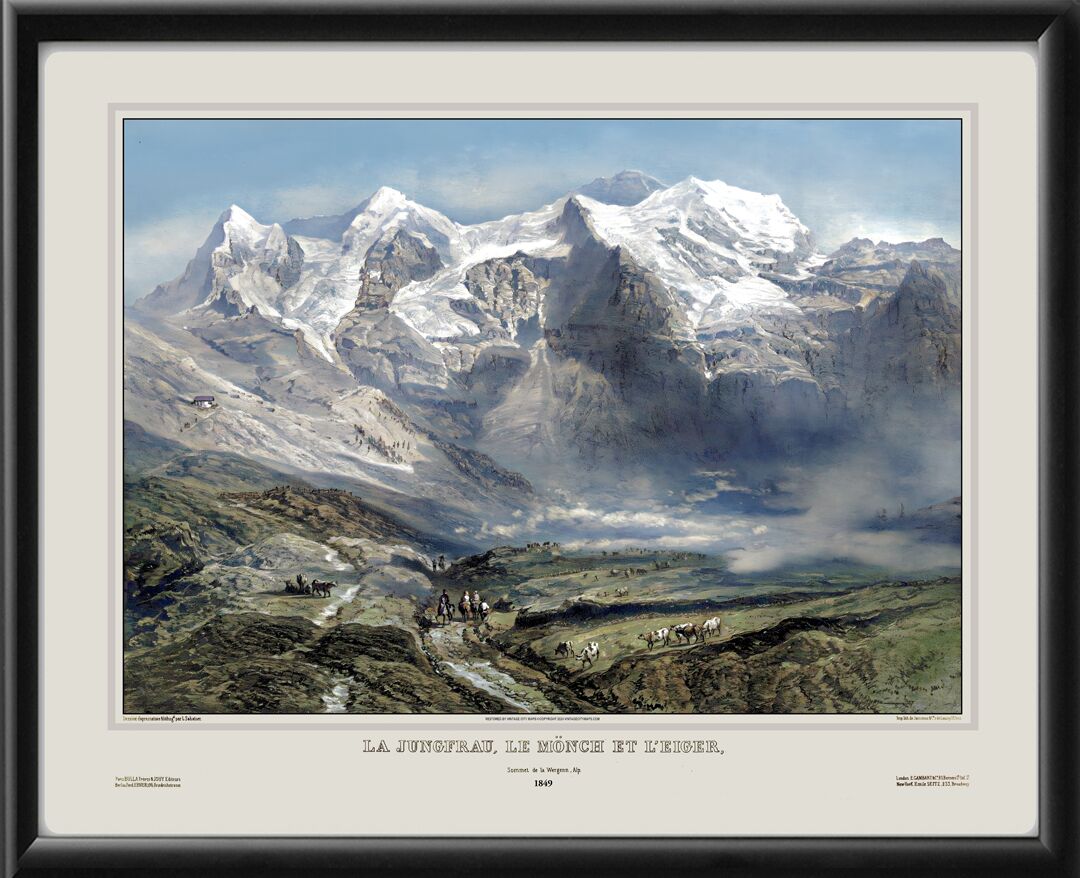 Jungfrau, Mönch and Eiger - Swiss Alps 1849 Bird's Eye View Map
