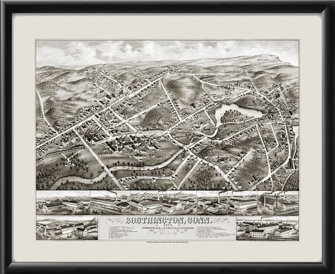 Southington CT 1878 Bird's Eye View Map