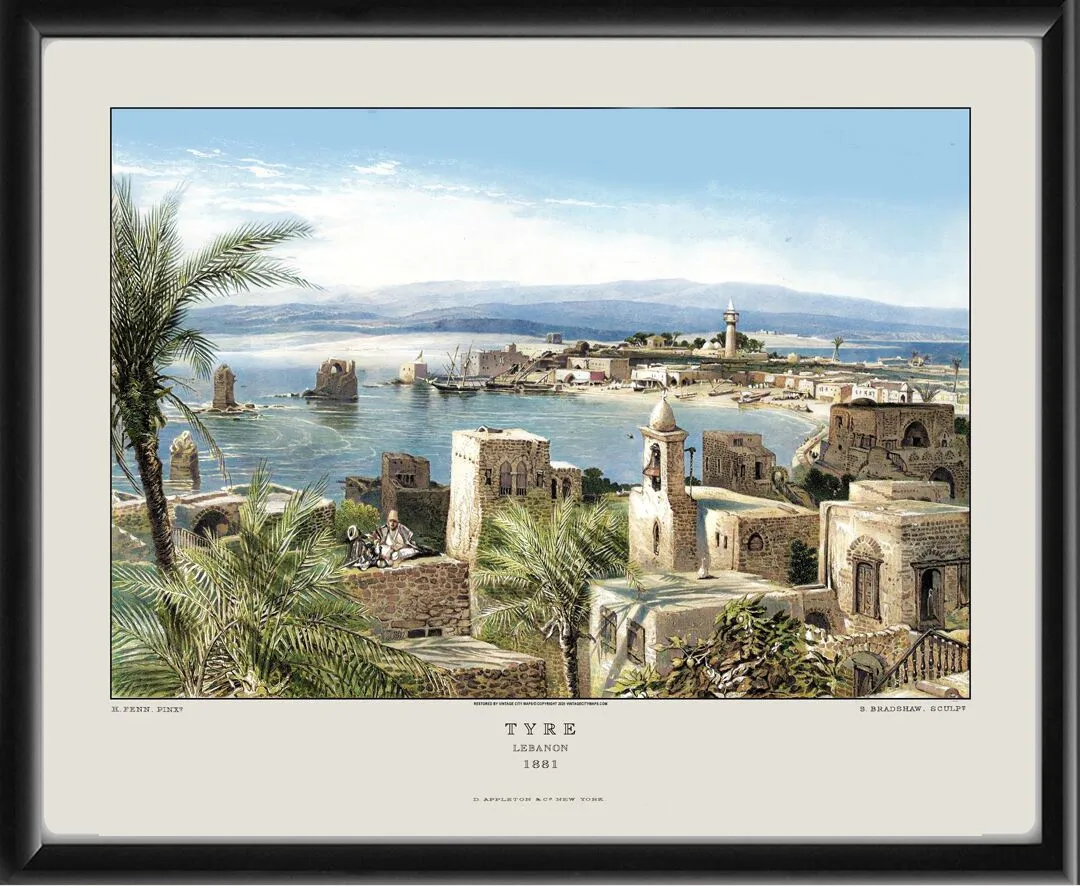 Restored bird's eye view of the ancient city of Tyre, Lebanon, 1881, drawn by Harry Fenn and engraved by Samuel Bradshaw
