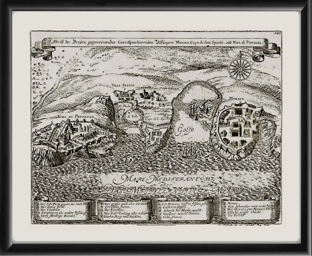 Nice France 1720 Gabriel Bodenehr bird's eye view of the part of Cote d'Azur (French Riviera) between Monaco and Nice