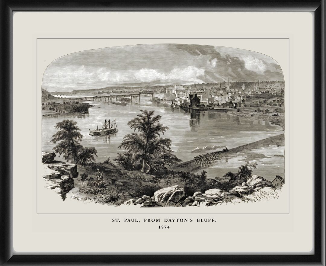 St. Paul MN from Dayton's Bluff wood engraving from 1874 by Nathaniel Orr
