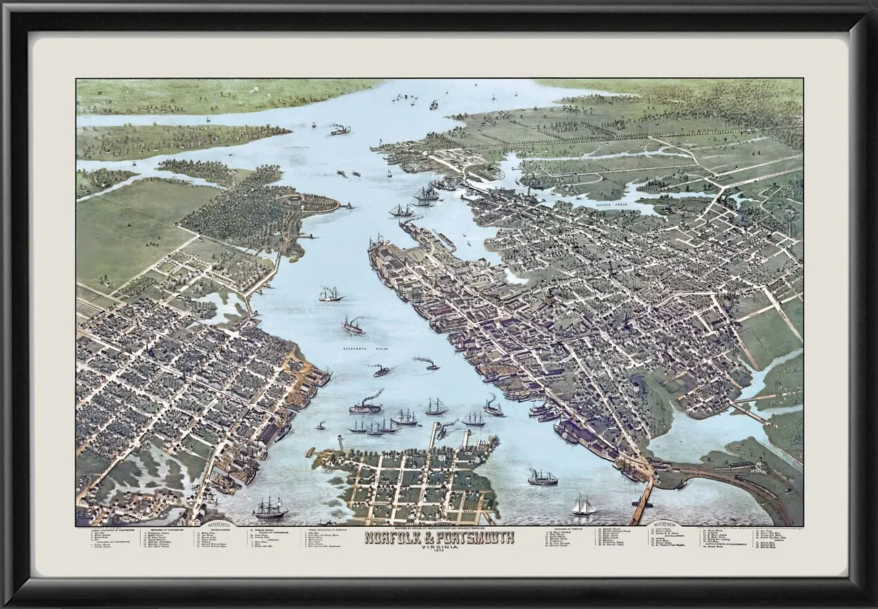 Norfolk and Portsmouth VA 1873 TM Birds Eye View Map
