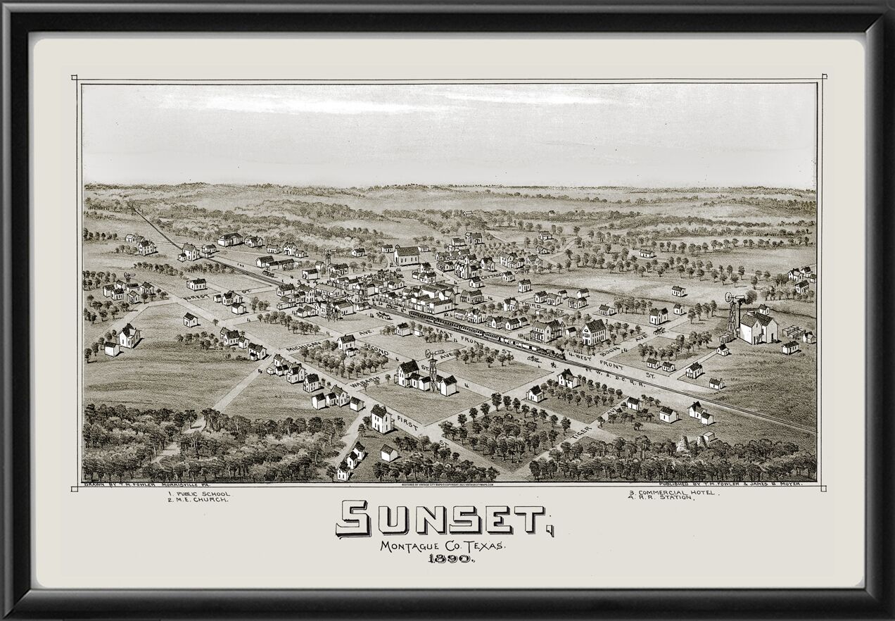 Sunset TX 1890 Fowler TM Birds Eye View Map
