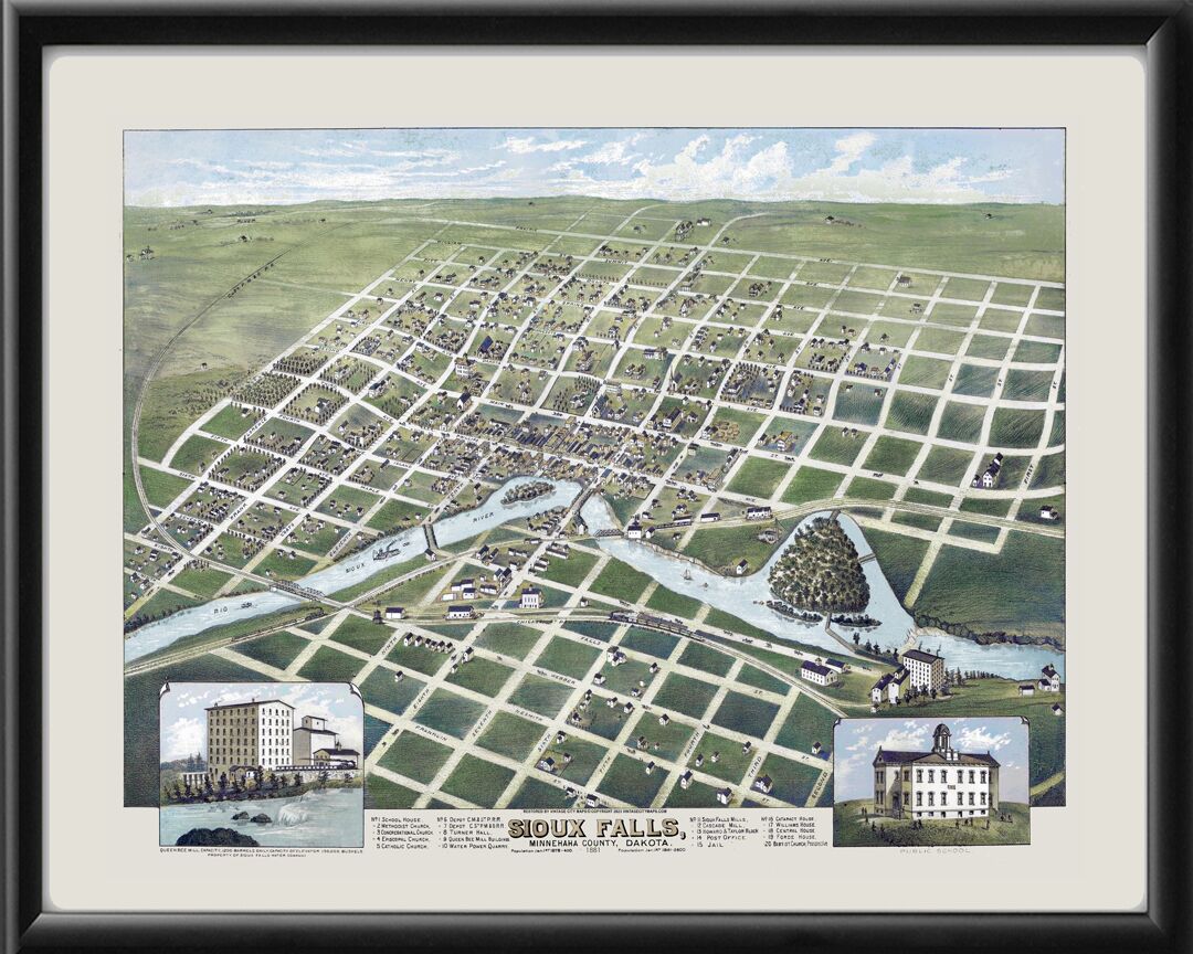 Sioux Falls SD 1881 TM Birds Eye View Map