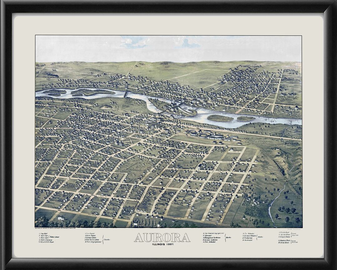 Aurora IL 1867 Albert Ruger TM Bird's Eye View Map
