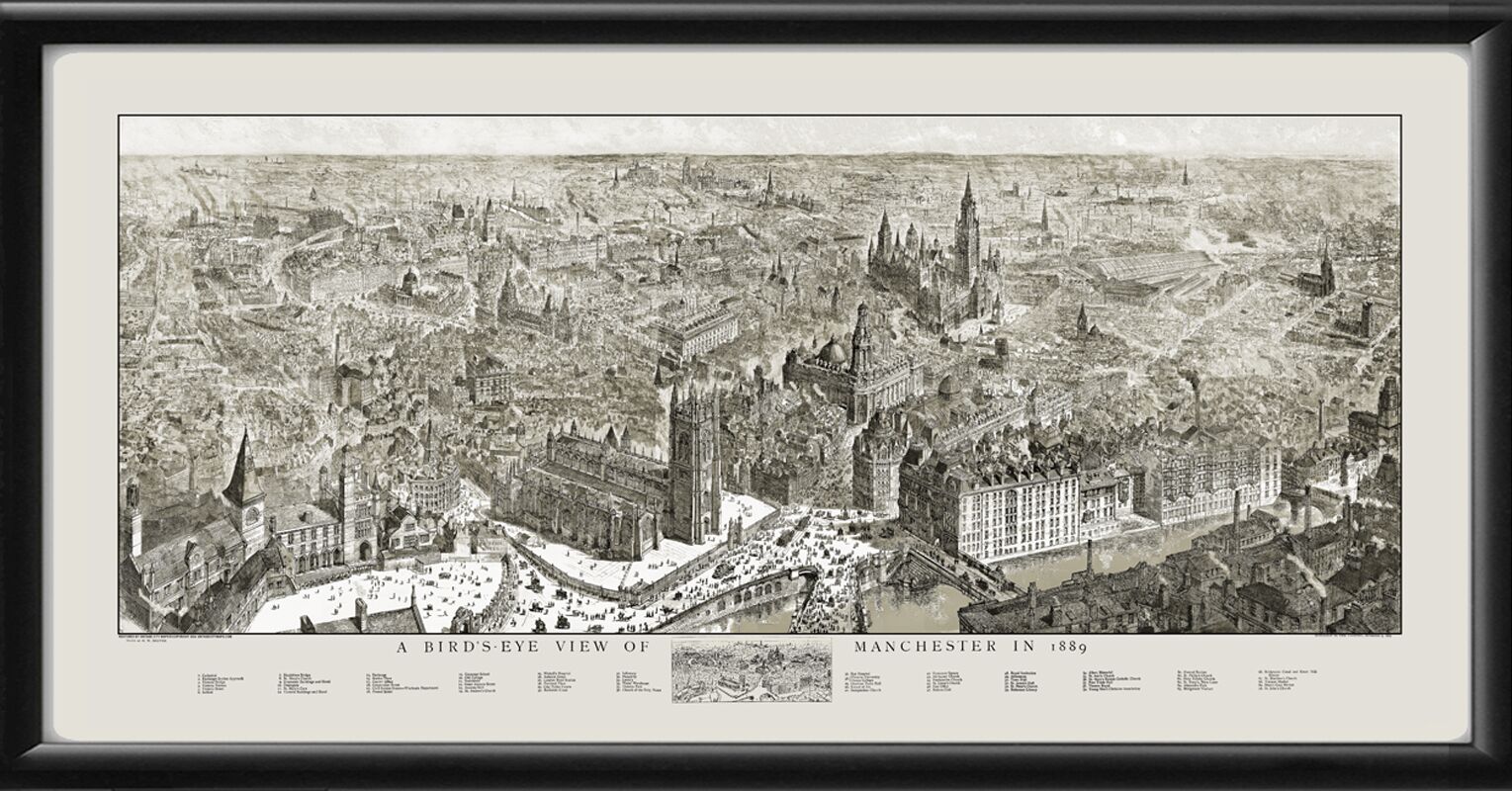 Manchester, England 1889 Birds Eye View Map