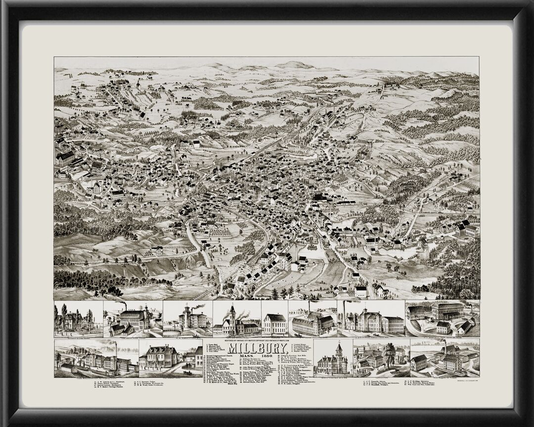 Millbury MA 1880 Beck & Pauli TM Bird's Eye View Map