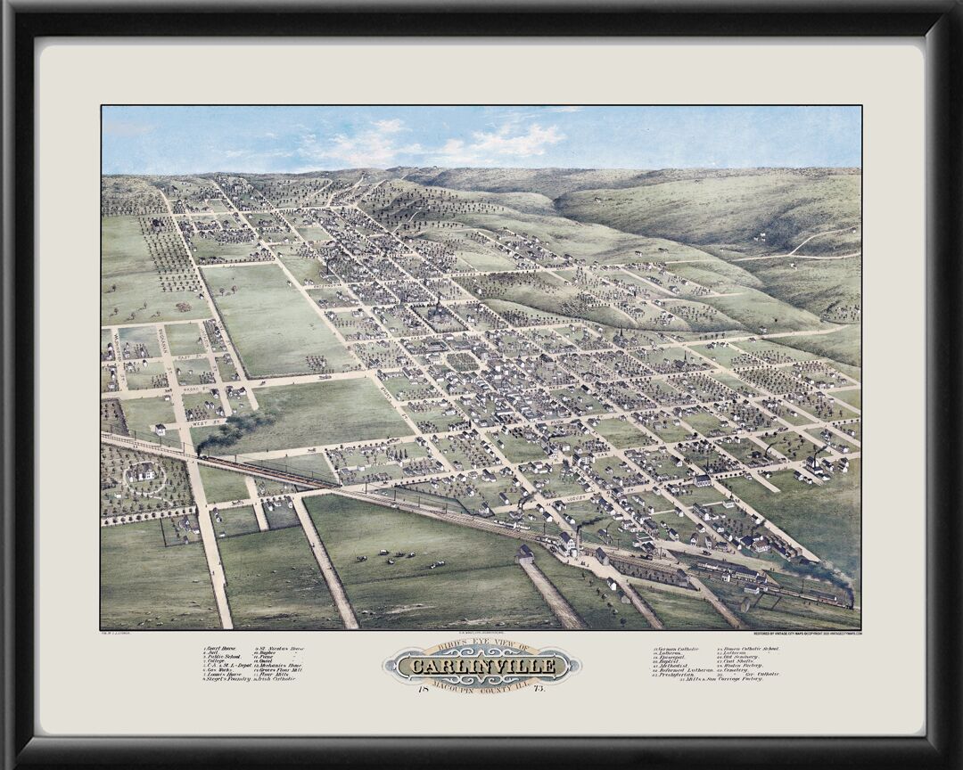 Carlinville IL 1873 J.J. Stoner TM Bird's Eye View Map