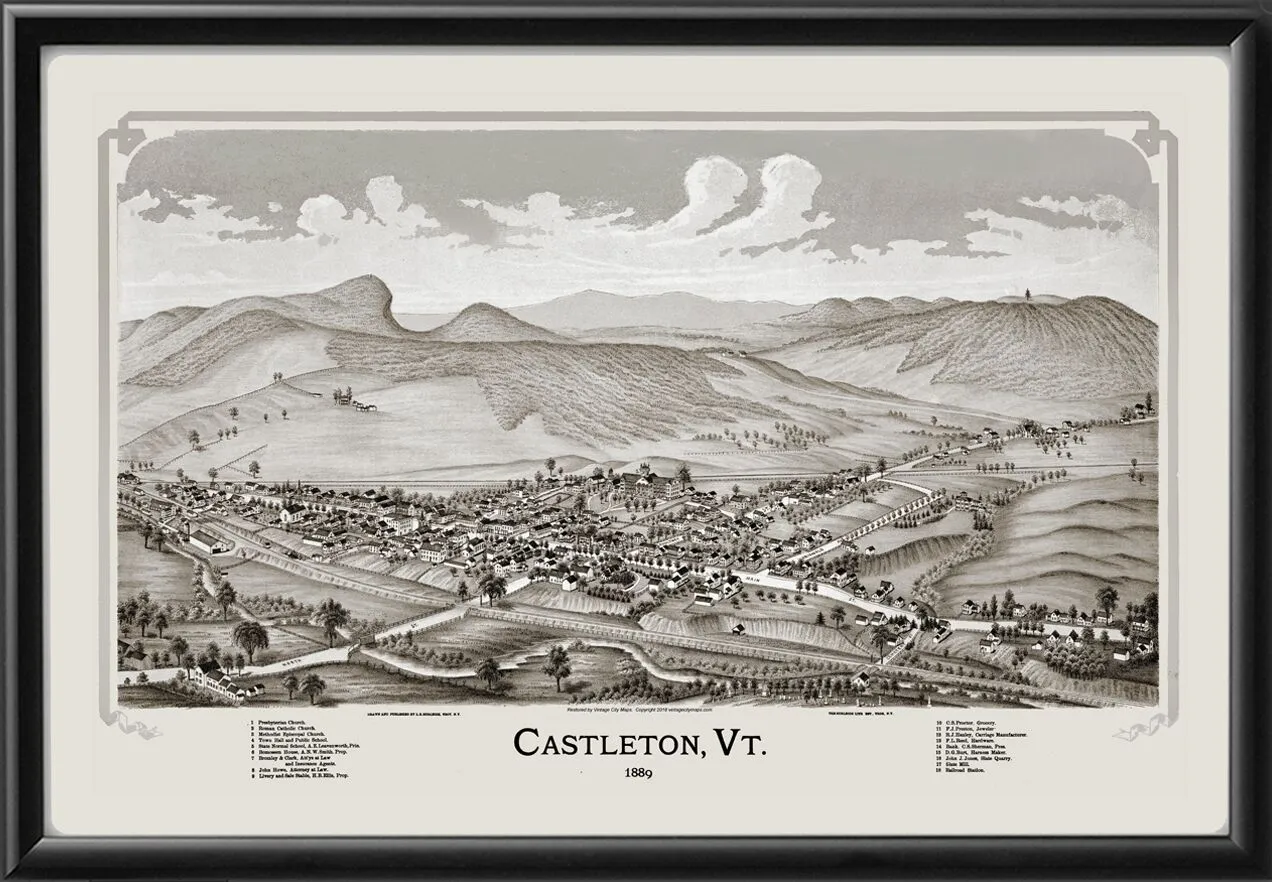 Castleton VT 1889 Lucien R. Burleigh TM Birds Eye View Map