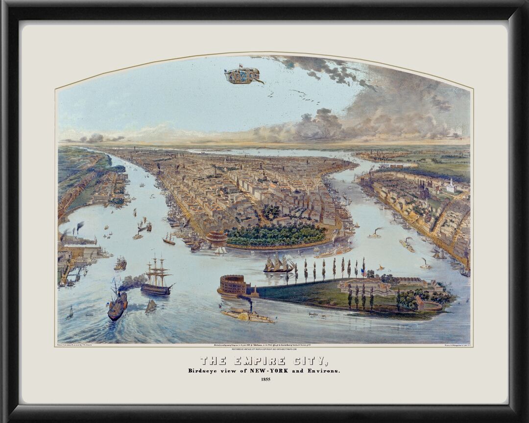 New York City NY 1855 Birds Eye View Map