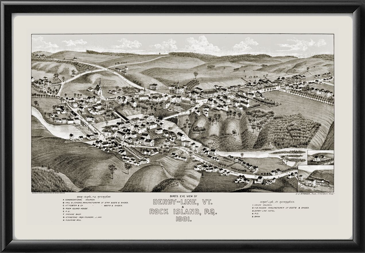 Derby-Line VT & Rock Island PQ Canada 1881 Henry Wellge TM Birds Eye View Map