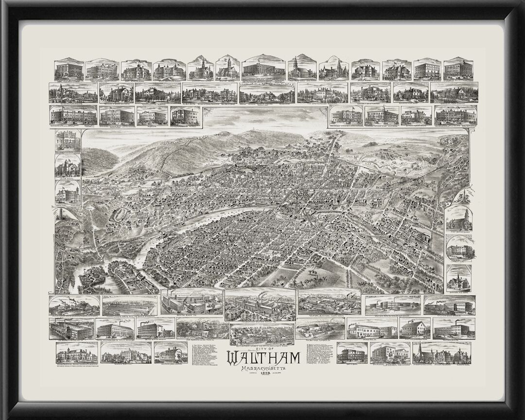 Waltham MA 1898 OHBailey TM Bird's Eye View Map