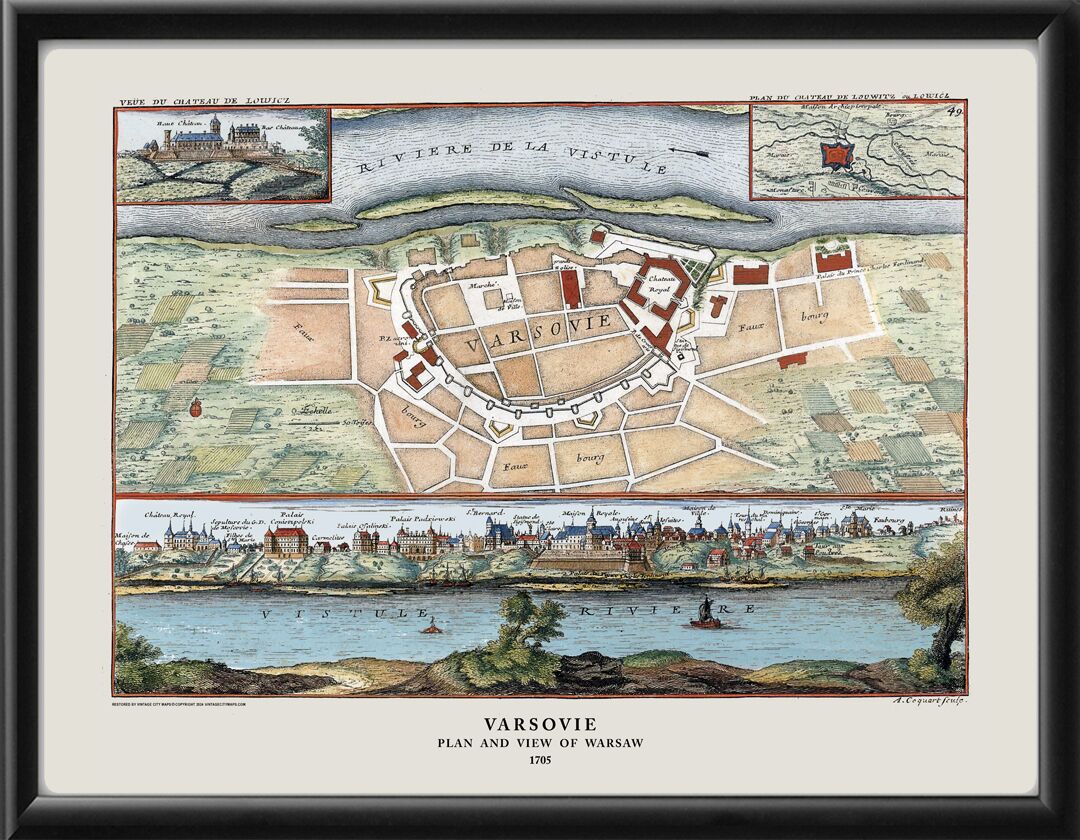 Varsovie - Plan and View of Warsaw 1705 Restored Birds Eye View Map