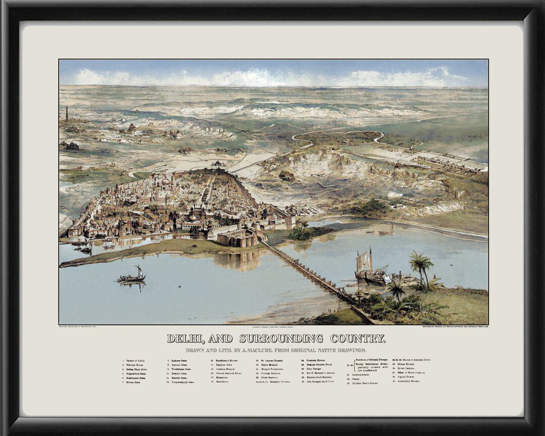 Delhi India 1851 (Color) Birds Eye View Map