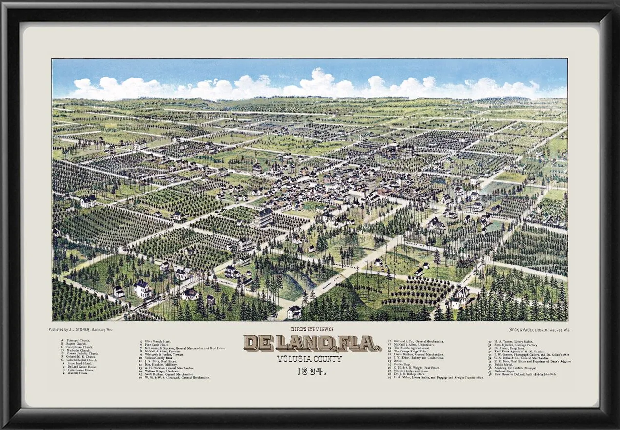 De Land FL 1884 Birds Eye View Map