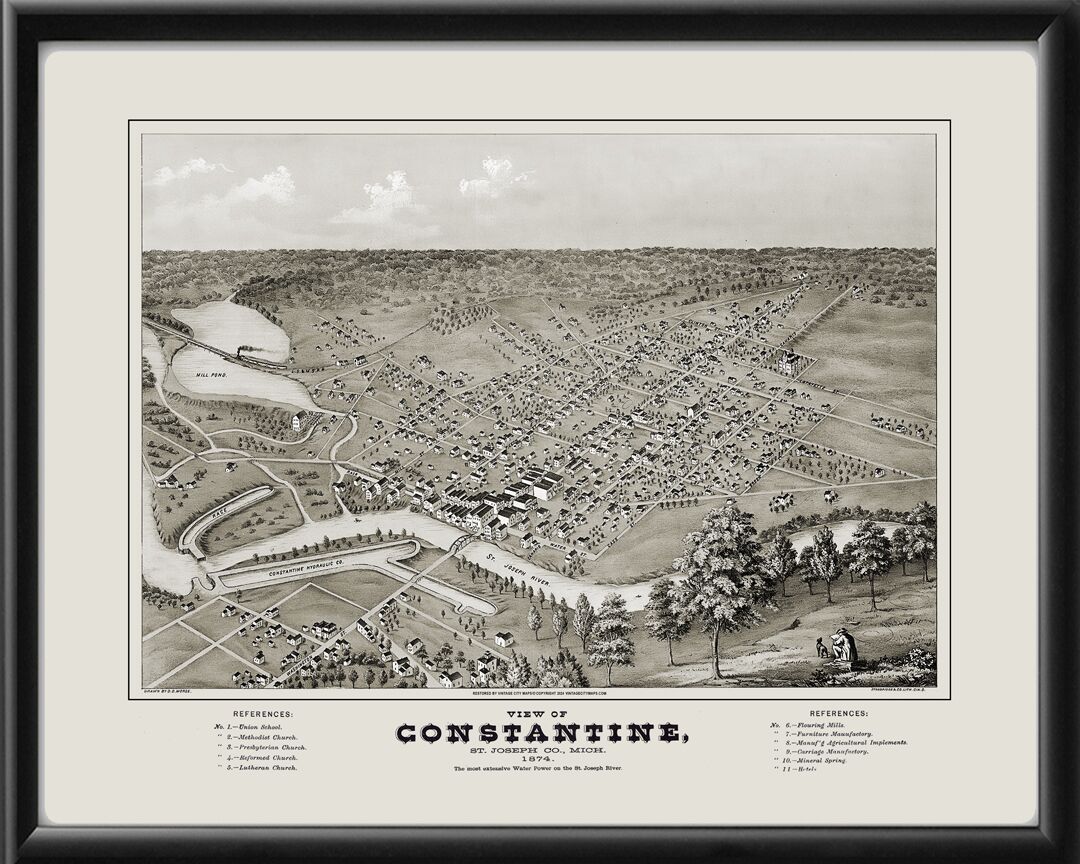 Constantine, Michigan 1874 DD Morse Restored Birds Eye View Map