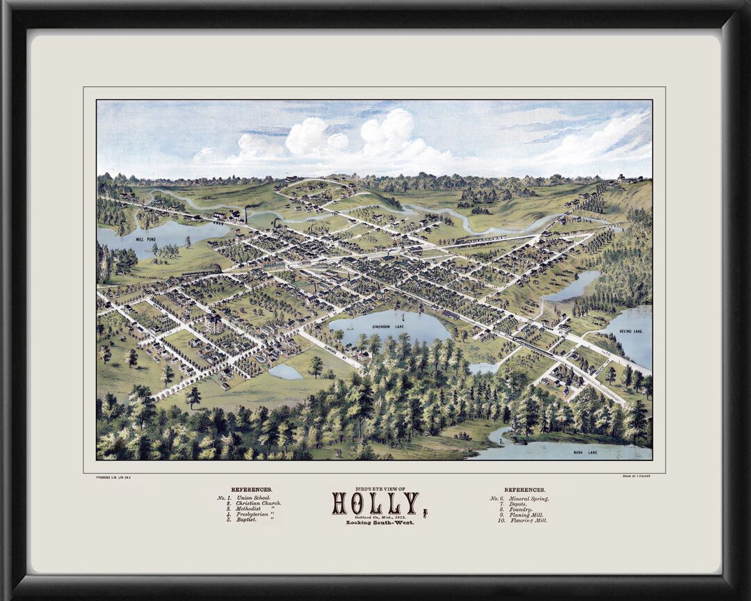Holly, Michigan 1873 (Color) Restored Birds Eye View Map