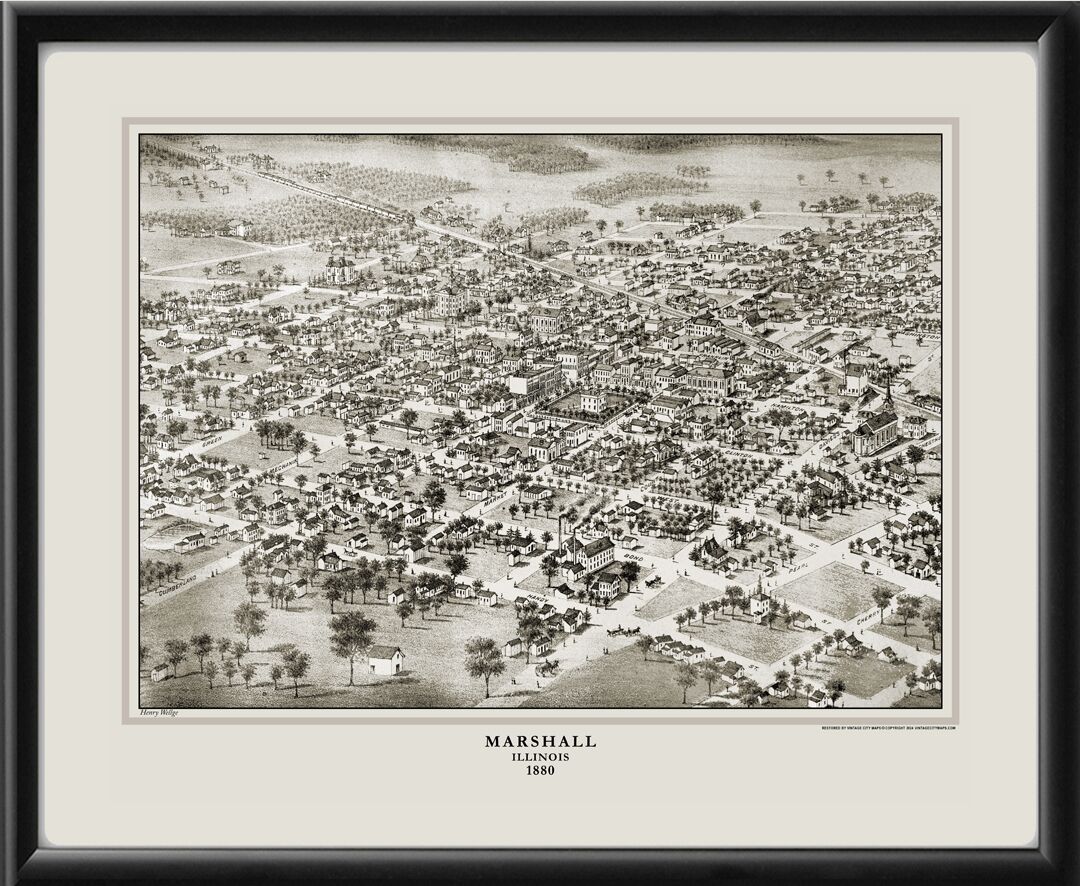 Marshall IL 1880 Birds Eye View Map