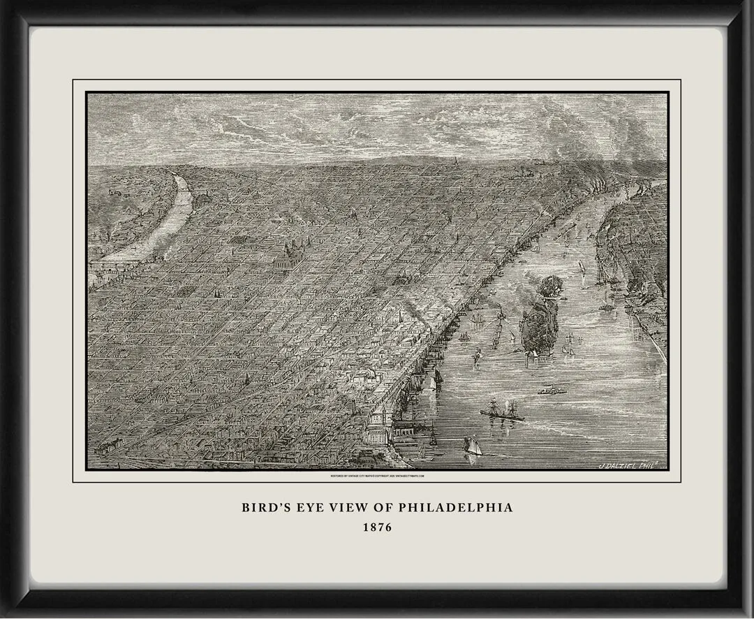 Bird's eye view of Philadelphia, with Smith's Island on the Delaware River at right 1876 John Sanderson Dalziel